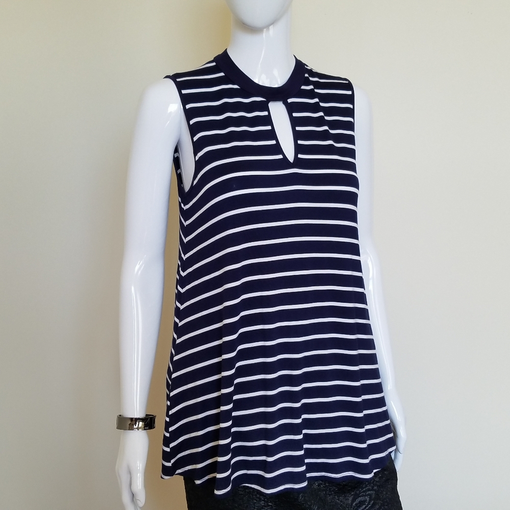 Cupio Navy Blue White Striped Keyhole Halter Neck Flowy Tank Top M